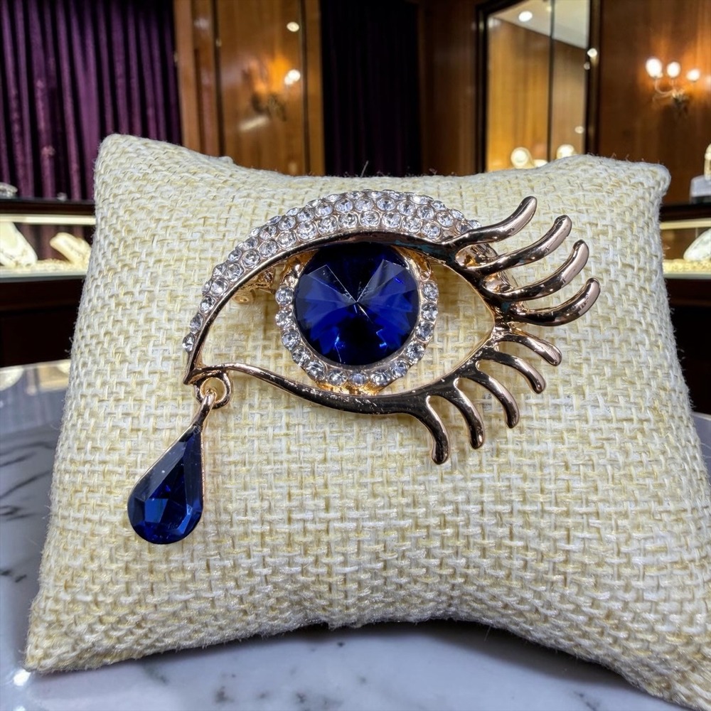 Blue Crystal Evil Eye Brooch Gold Tone Rhinestone Statement Pin Lucky Protection